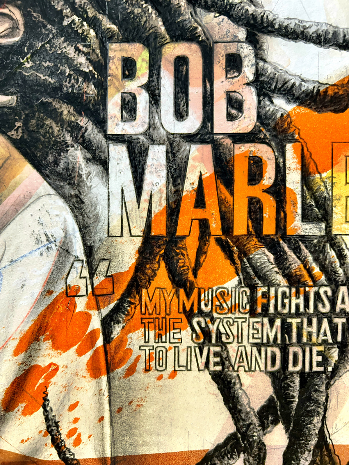 Artistic depiction of Bob Marley with text about his music and message.