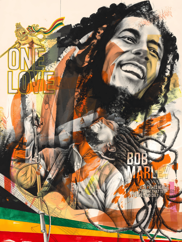 Collage of Bob Marley with guitar, featuring 'One Love' text and Rastafarian colors.